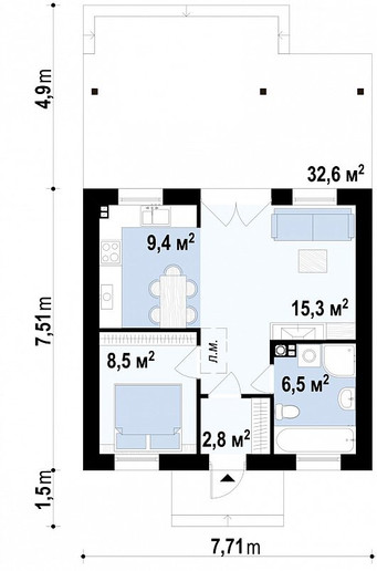 Planta — Projeto T1 — 42,5 m²